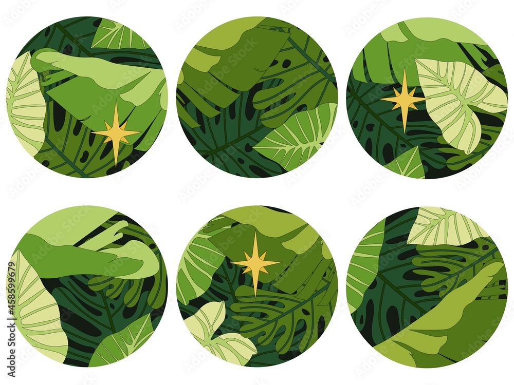 Naklejka premium Template for highlighting social media covers with tropical leaves. Monstera, Philodendron and Banana Leaves. Round badges. 