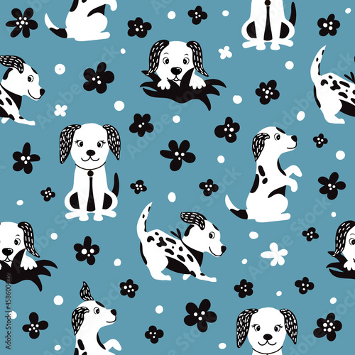 Cartoon funny cute seamless pattern with a dog on background flowers. For printing baby textile, fabrics, design, decor, gift wrapping, paper, baby shower, greeting card, notepad, scrapbooking.