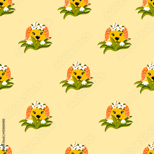 Creative funny cute seamless pattern with a portrait of a dog in a flowers. For printing baby textile, fabrics, design, decor, gift wrapping, paper, baby shower, greeting card, notepad, scrapbooking. © Ms_Tali