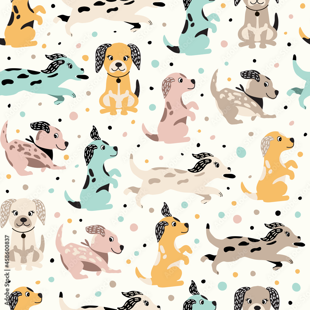 Cartoon colorfull funny cute seamless pattern with a dog on background dots. For printing baby textile, fabrics, design, decor, gift wrapping, paper, baby shower, greeting card, notepad, scrapbooking. Cartoon colorfull funny cute seamless pattern with a dog on background dots. For printing baby textile, fabrics, design, decor, gift wrapping, paper, baby shower, greeting card, notepad, scrapbooking.