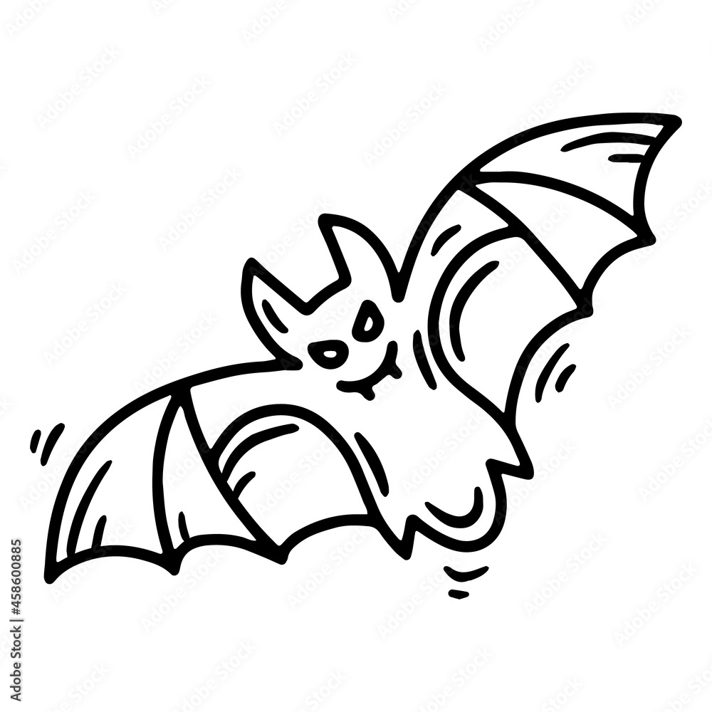 Bat with fangs Halloween linear vector icon in doodle sketch style