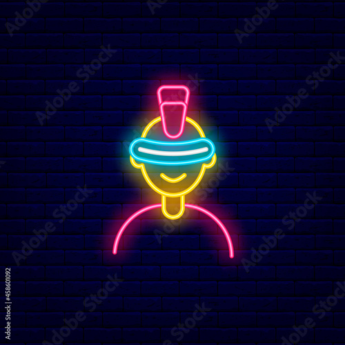 Gamer with futuristic glasses neon icon. VR game club logo. High tech technology. Isolated vector illustration