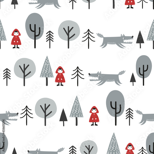 Seamless Red Riding Hood fairy tale pattern. Little girl and wolf in the woodland.