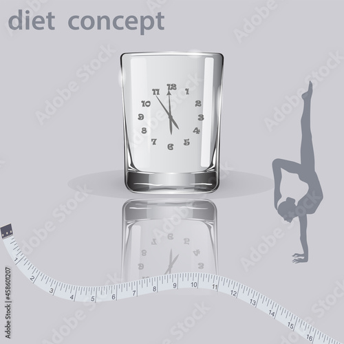 Female figure, handstand, transparent glass, watch, measuring tape - vector. Diet concept. Intermittent fasting