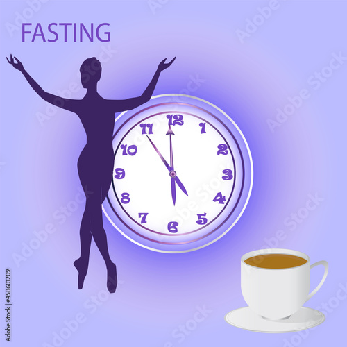 Silhouettes of a slim woman, watch, cup of coffee - vector. Diet concept. Intermittent fasting