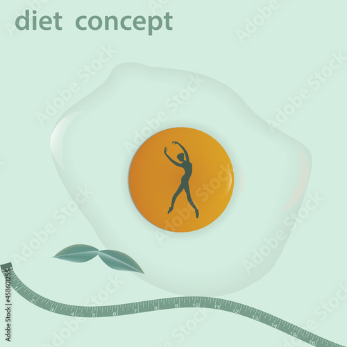 Slim female figure, scrambled eggs, measuring tape - vector. Diet concept. Intermittent fasting