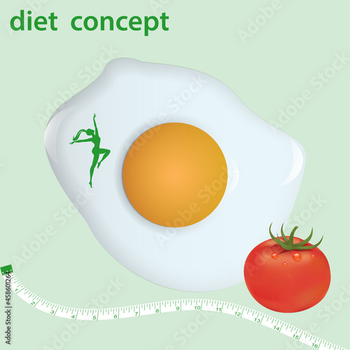 Female figure, scrambled eggs, tomato, measuring tape - vector. Diet concept. Intermittent fasting