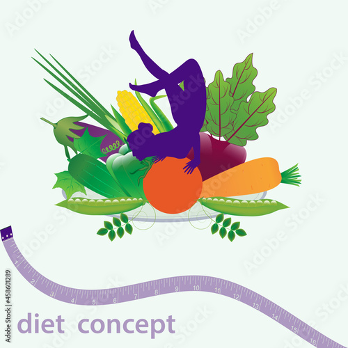 Female figure, handstand, dish with vegetables, measuring tape - vector. Diet concept. Intermittent fasting