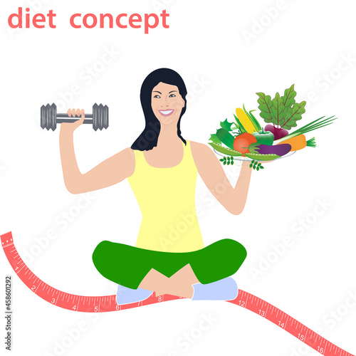 The girl laughs, holds a dumbbell and a dish with vegetables in her hand, measuring tape - vector. Diet concept. Intermittent fasting