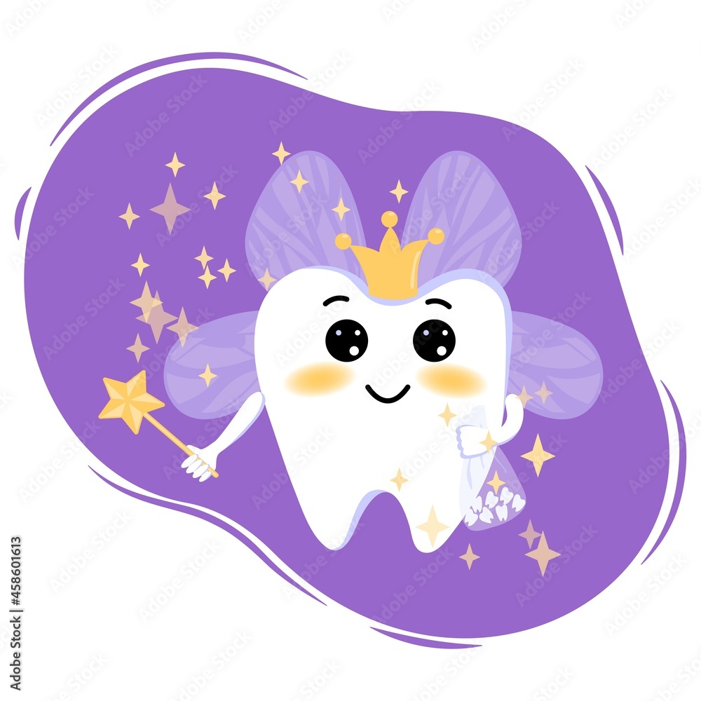 Cute cartoon tooth fairy with a magic wand and wings with magic stars ...