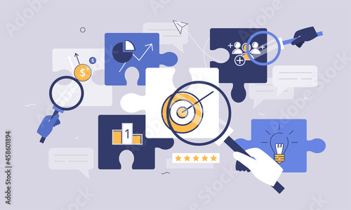 Business elements with puzzle parts as successful target aim results. Company goal achievement after precise, efficient and planned work strategy. Profit growth. Flat cartoon vector illustration