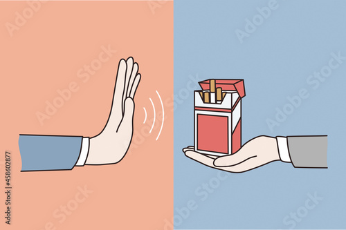 Refusal from smoking cigarettes concept. Human hand saying no making refusal sigh from block of cigarettes and smoking vector illustration 