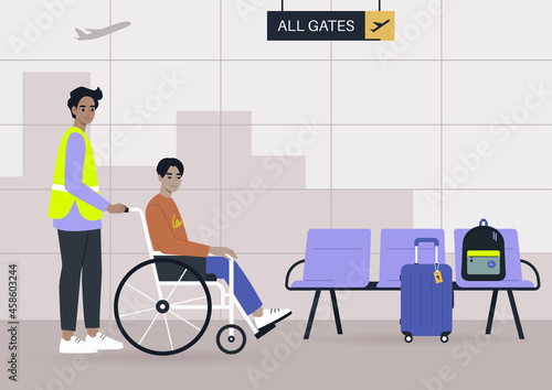The airport staff member assisting a passenger on a wheelchair, transferring to the gate, inclusion and accessibility