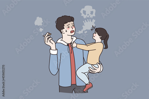 Bad lifestyle of parents concept. Young father man standing smoking cigarette and holding his small stressed daughter on hands vector illustration 
