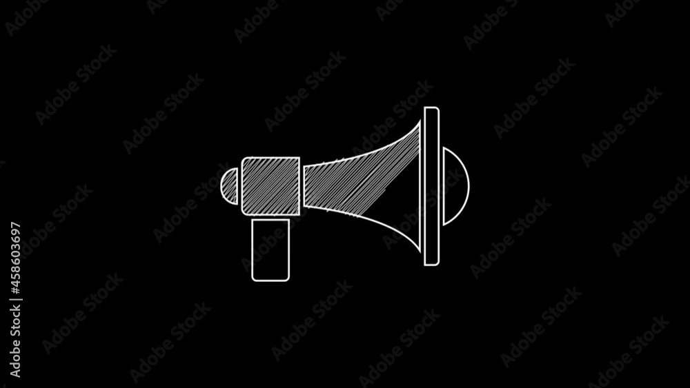 White line Megaphone icon isolated on black background. Loud speach alert concept. Bullhorn for Mouthpiece scream promotion. 4K Video motion graphic animation White line Megaphone icon isolated on black background. Loud speach alert concept. Bullhorn for Mouthpiece scream promotion. 4K Video motion graphic animation