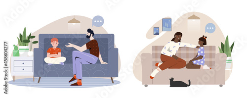Set of scenes with children and parents talking on white background. Father and mother talking to their son or daughter. Concept of family relations, parenting. Flat cartoon vector illustration
