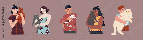 Set of male and female characters and their cats on brown background. Collection of happy pet owners and cute domestic animals. Flat cartoon vector illustration
