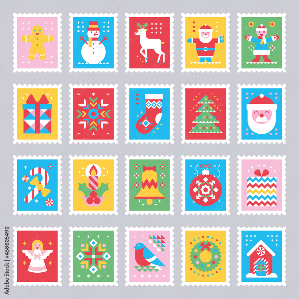 Christmas stamps collection with flat simbols Santa, deer, snowman, angel, gingerbread, sock, snowflake, gift in Scandinavian style. Christmas background for greeting card, postal stikers