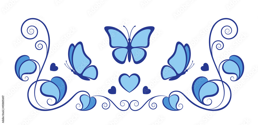 Fototapeta premium Corner plant ornament with butterflies, leaves and hearts is perfect for wedding invitations and gift vouchers