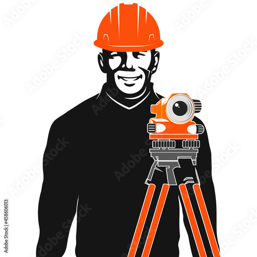 Engineer surveyor in a protective helmet with a geodetic device. Construction optical measuring device. Geodesy and land surveying