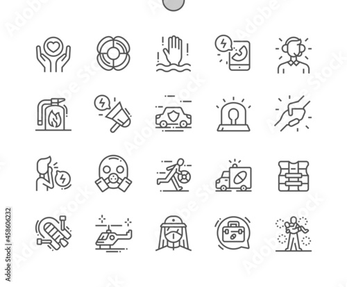 Rescue. Helping hand. Lifeguard, police, firefighter and ambulance. Rescue helicopter. Medicine chest. Pixel Perfect Vector Thin Line Icons. Simple Minimal Pictogram