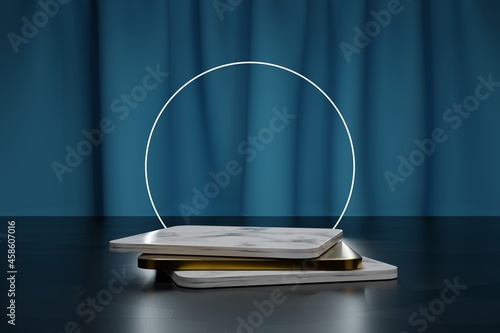 Square golden and marble podium for product presentation and neon circle with light blue textile curtain on a background. 3d modeling scene with empty platform mockup and simple geometric 3d elements