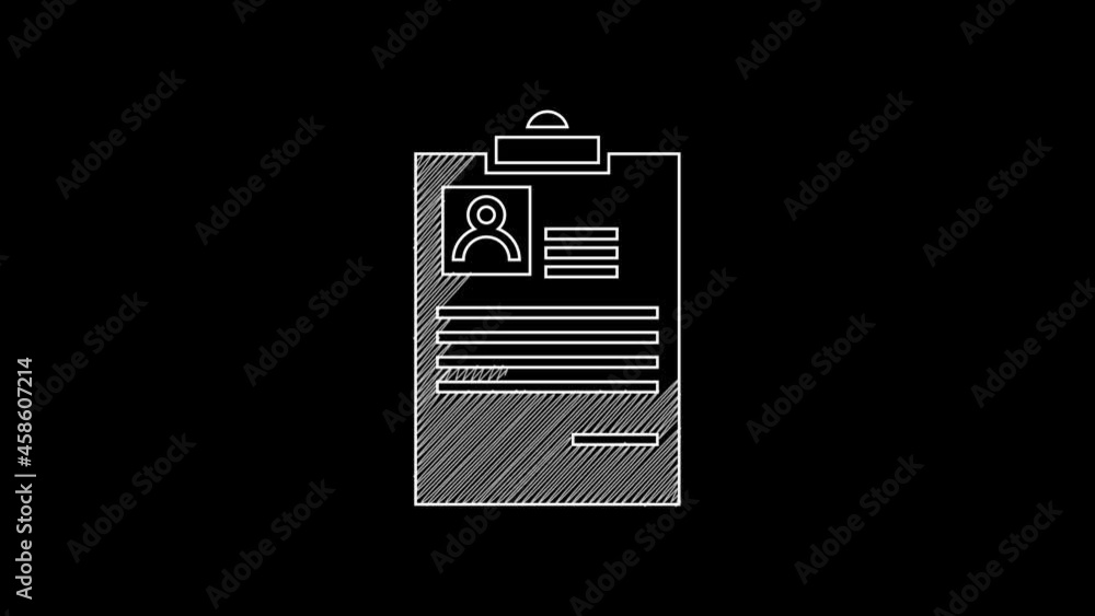 White line Clipboard with resume icon isolated on black background. CV ...