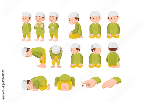 Muslim Kid Salah or Shalat Islamic Prayer Steps Tutorial Cute Illustration photo