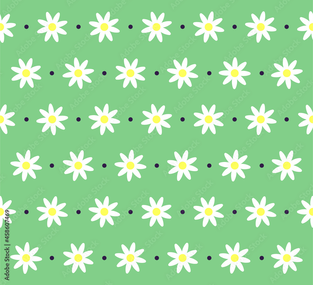 Seamless pattern with daisies. Beautiful template with flowers and circles. Design element for packaging, printing on fabric and paper. Cartoon flat vector illustration isolated on white background