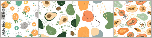 Abstract contemporary seamless pattern set with  fruits, vitamins. Healthy vegan food. Avocado, papaya , slices, pineapple. Simple shapes, leaves. Vector graphics.
