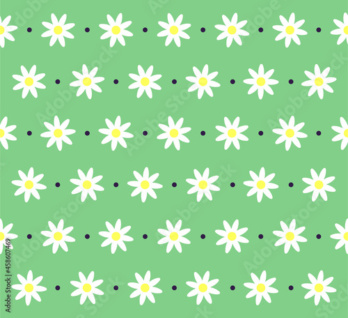 Seamless pattern with daisies. Beautiful template with flowers and circles. Design element for packaging, printing on fabric and paper. Cartoon flat vector illustration isolated on white background