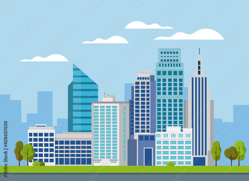 City downtown with skyscrapers, business buildings, clouds, sky. City center downtown cityscape view. Big city buildings. Flat vector illustration isolated on background