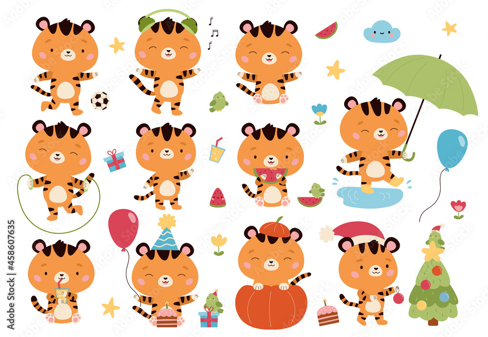 Vector set of kawaii cartoon tigers characters. Cute animals with umbrella, air balloon, birthday cake, presents, Halloween pumpkin, headphones, watermelon and Christmas tree. Funny cats stickers.