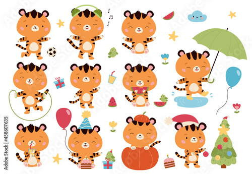 Vector set of kawaii cartoon tigers characters. Cute animals with umbrella  air balloon  birthday cake  presents  Halloween pumpkin  headphones  watermelon and Christmas tree. Funny cats stickers.