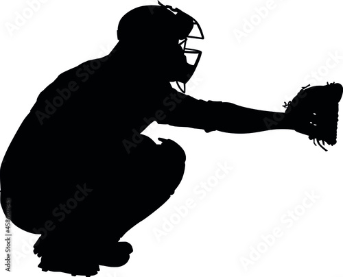 Baseball Catcher in ready position to playing. Baseball Catcher at work on baseball field detailed realistic silhouette
