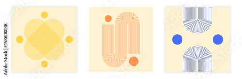 Collection of aesthetic posters. Minimalistic art with fine lines and geometric shapes. Boho-style design elements for decorating walls in office. Cartoon flat vector set isolated on white background