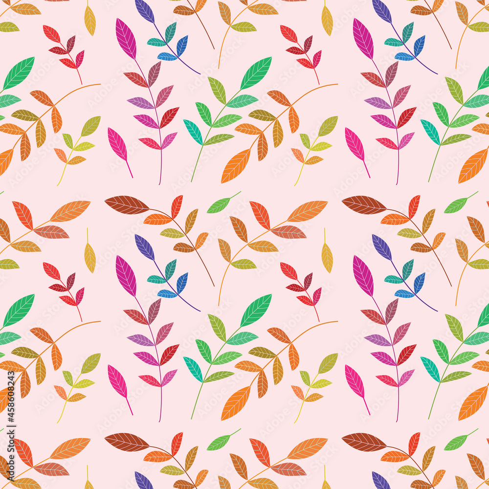 Beautiful colorful  leaves seamless pattern in minimal style  with different colors on light cream background. Great for textile, home décor, wallpaper,  greeting cards and scrapbooking 