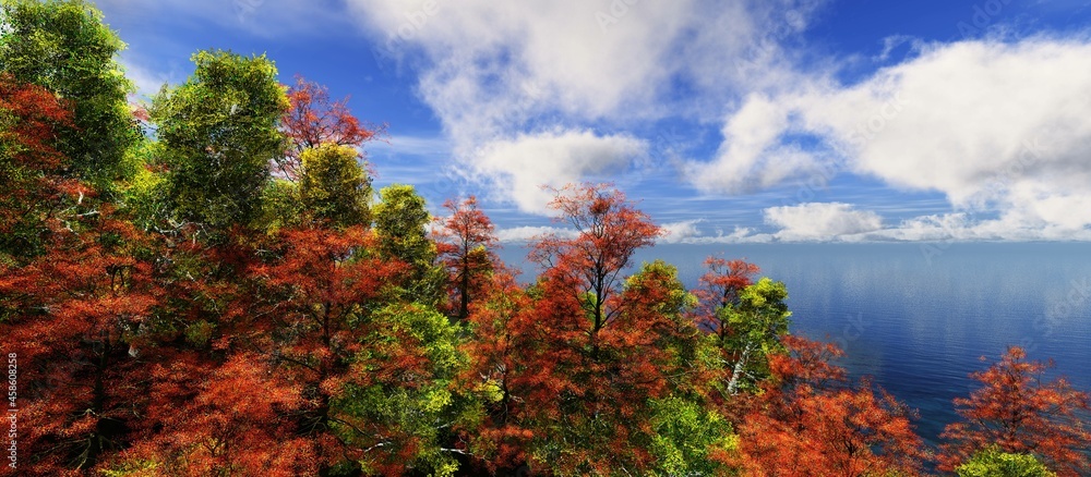 Beautiful autumn landscape, autumn steam on the background of the sky, autumn trees above the water, autumn clouds in the sky, 3D rendering