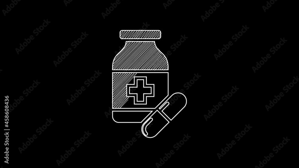 White line Medicine bottle and pills icon isolated on black background. Bottle pill sign. Pharmacy design. 4K Video motion graphic animation White line Medicine bottle and pills icon isolated on black background. Bottle pill sign. Pharmacy design. 4K Video motion graphic animation