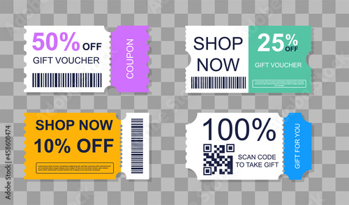 Set of coupons with promotions and discounts. Collection of tickets with barcodes and inscriptions. Design elements for stores, websites. Cartoon flat vector illustrations on transparent background