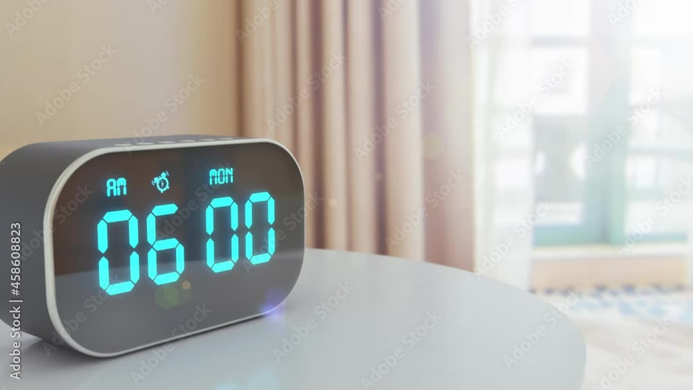 Alarm clock ringing at 6 am in the hotel's room. Digital timer is set