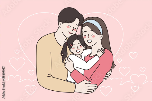 Happy family, childhood and parenthood concept. Young smiling parent woman and man standing hugging their small daughter feeling great together vector illustration 