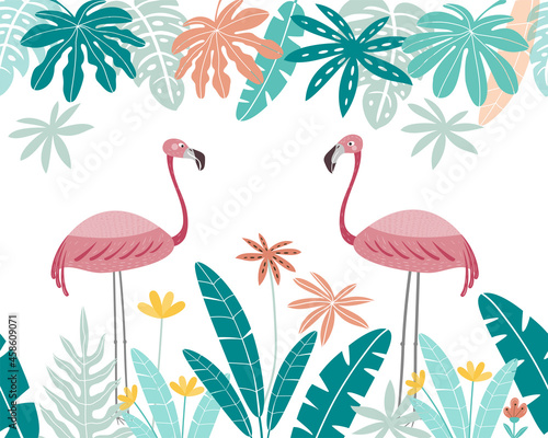 Cute pink flamingos with frame of tropical leaves. Flamingo isolated on a white background. 