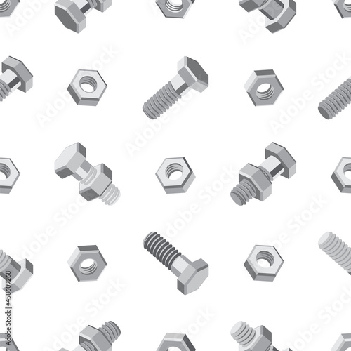 Seamless pattern with bolts and nuts on a white background. Isometric 3D vector illustration in flat style. For repair service, technical support, tool shop or others.