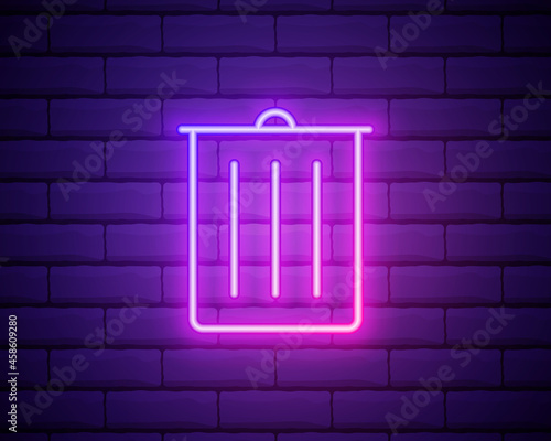 Glowing neon Trash can icon isolated on brick wall background. Garbage bin sign. Recycle basket icon. Office trash icon. Vector Illustration