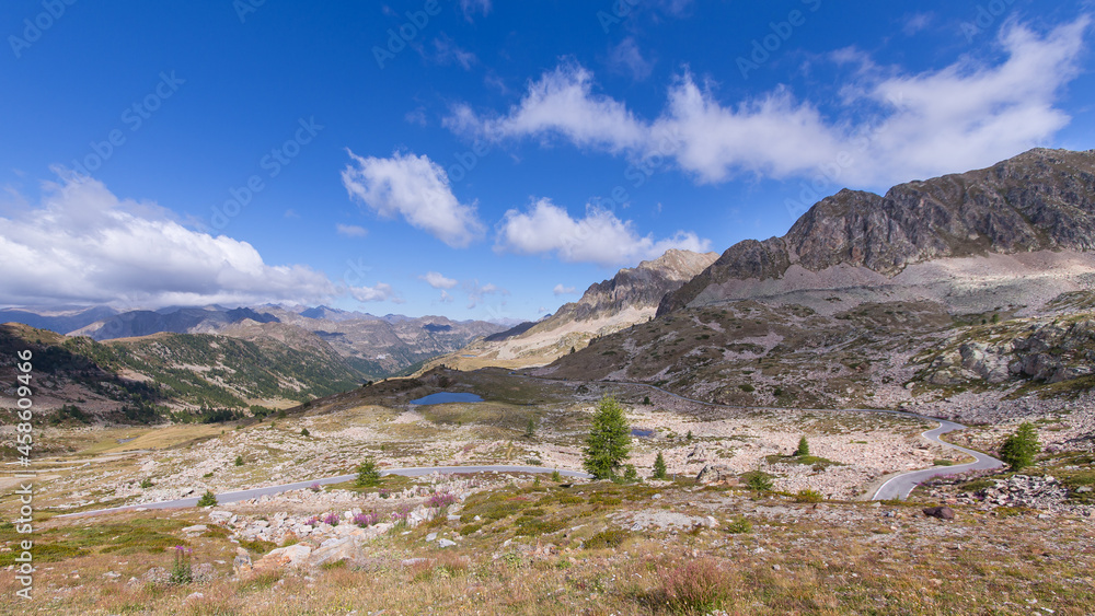 Landscape panorama from Col de la Lombarde mountain pass looking to the italien side of the pass
