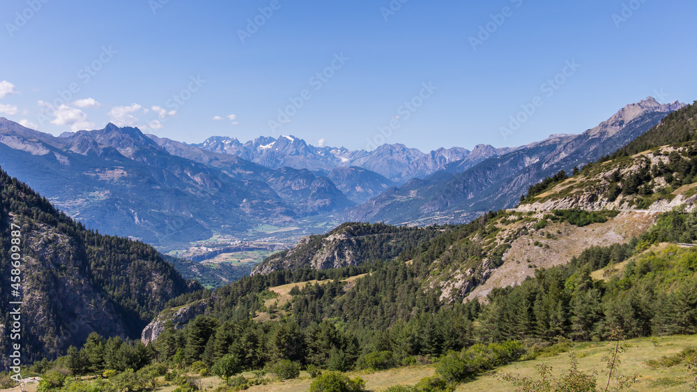 Mountain view into a valley with Mont-Dauphin in the french alps