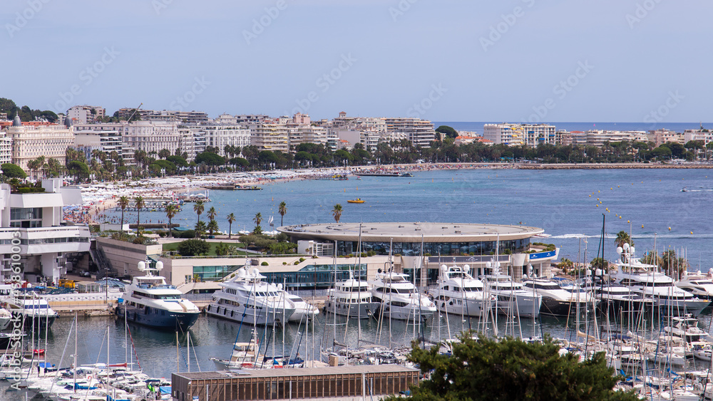 Overview over the harbour and beach area in Cannes in France