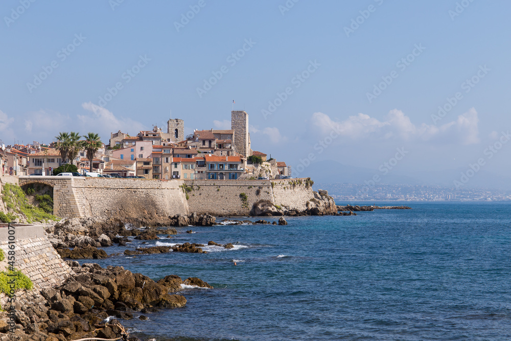 Post card view of Antibes old town centre seen from the seaside