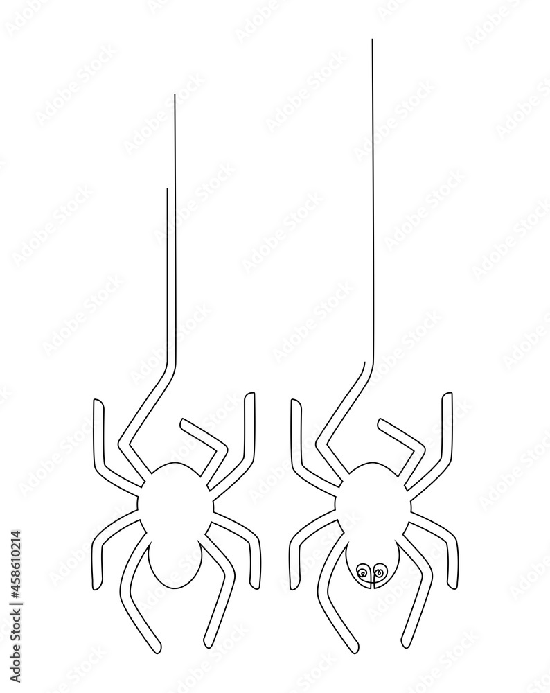 Silhouette of a spider hanging upside down on a web. Halloween. Continuous line drawing. Vector illustration isolated on white background.